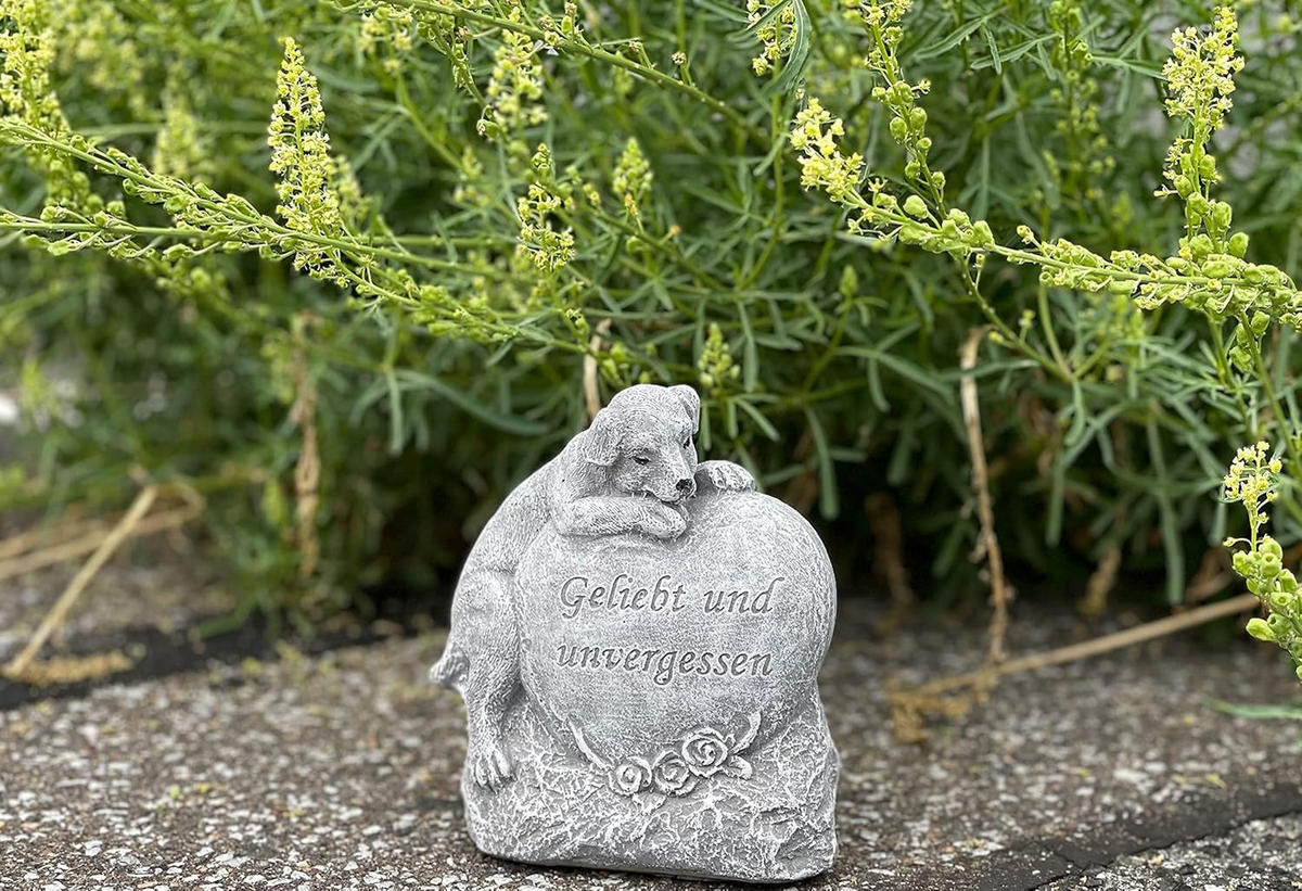 STEINFIGUR Hund Geliebt und Unvergessen frostfest wetterfest Steinguss Grabstein - Grau, Stein (12/14/6cm) - stoneandstyle