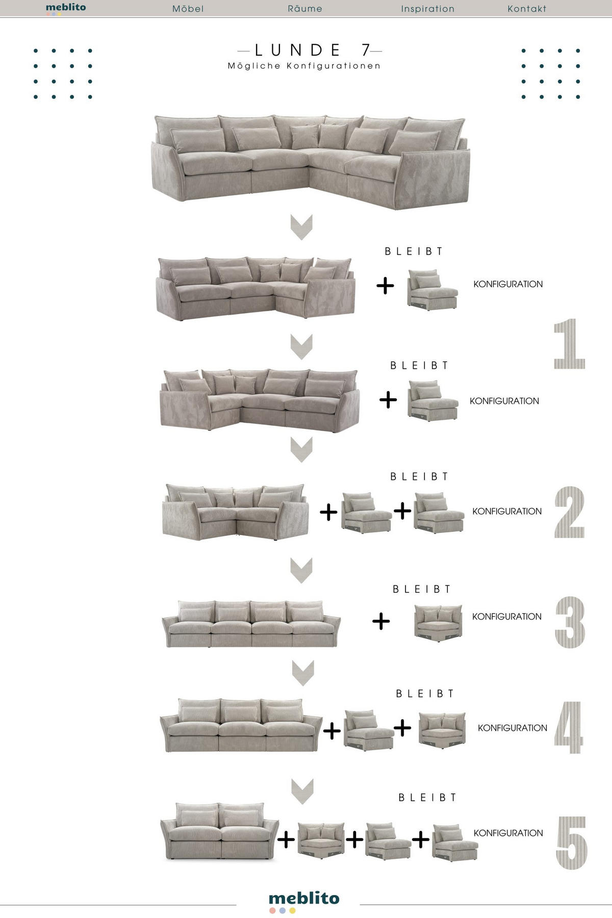 ECKSOFA Modulare Lunde 7, 6 Sitzer, Hellgrau - Hellgrau, Textil (270/270cm) - Meblito
