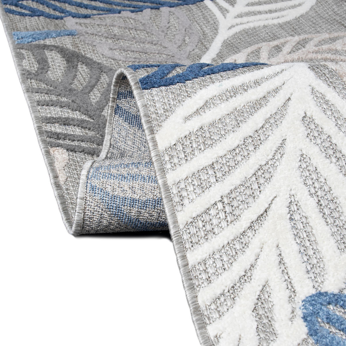 TEPPICH Outdoor Blue Grey Pflanzlich Laub Kurzflor Rechteckig- 120x170 cm - Hellblau, Textil (120/170cm) - Mazovia