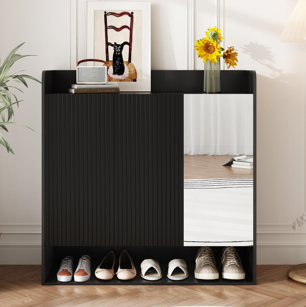 SCHUHSCHRANK aus MDF & Spanplatte 110x35,5x110cm in Schwarz mit Spiegel - Schwarz, Holzwerkstoff (110/110/35.5cm) - Modfu