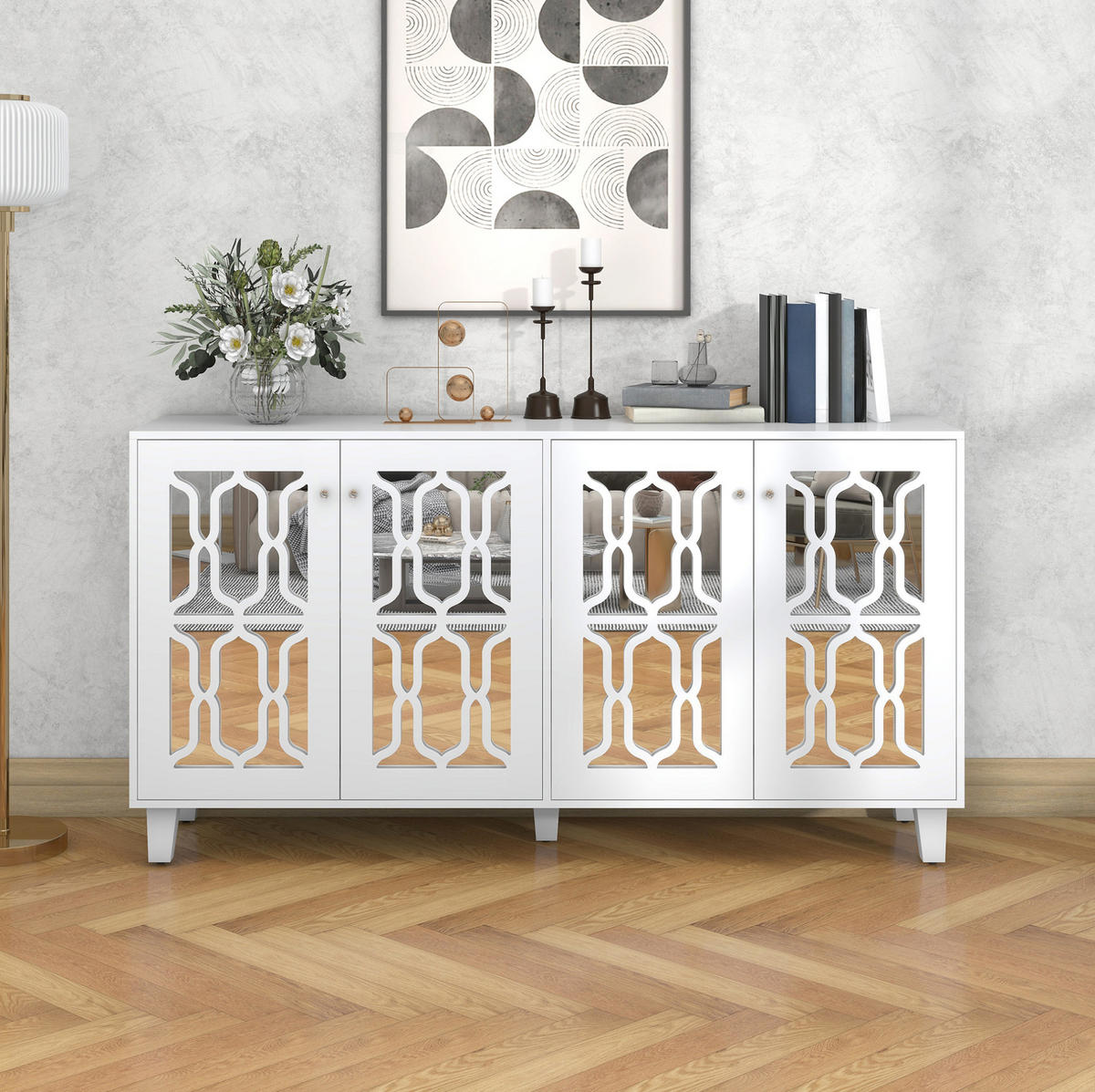 ANRICHTE 160/40/84 cm in Weiß mit 4 Türen und verspiegelter Front - Weiß, Holzwerkstoff (160/84/40cm) - Flora Grace