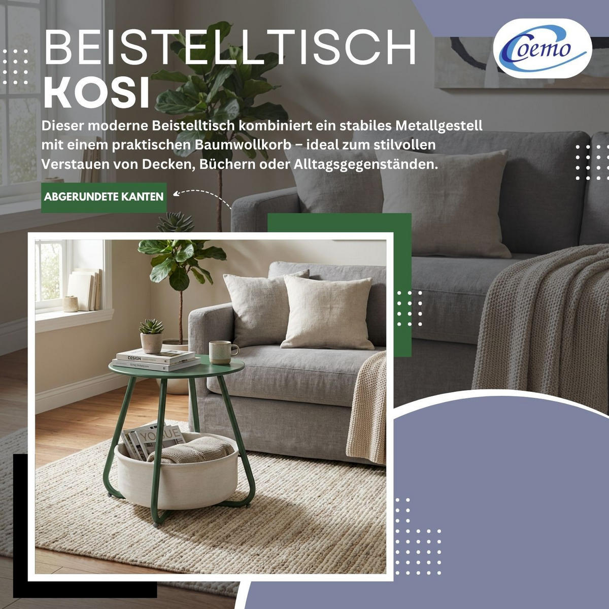 COUCHTISCH KOSI Metall mit Aufbewahrungskorb Canvas Grün - Grün, Metall (50/50/45cm) - Coemo