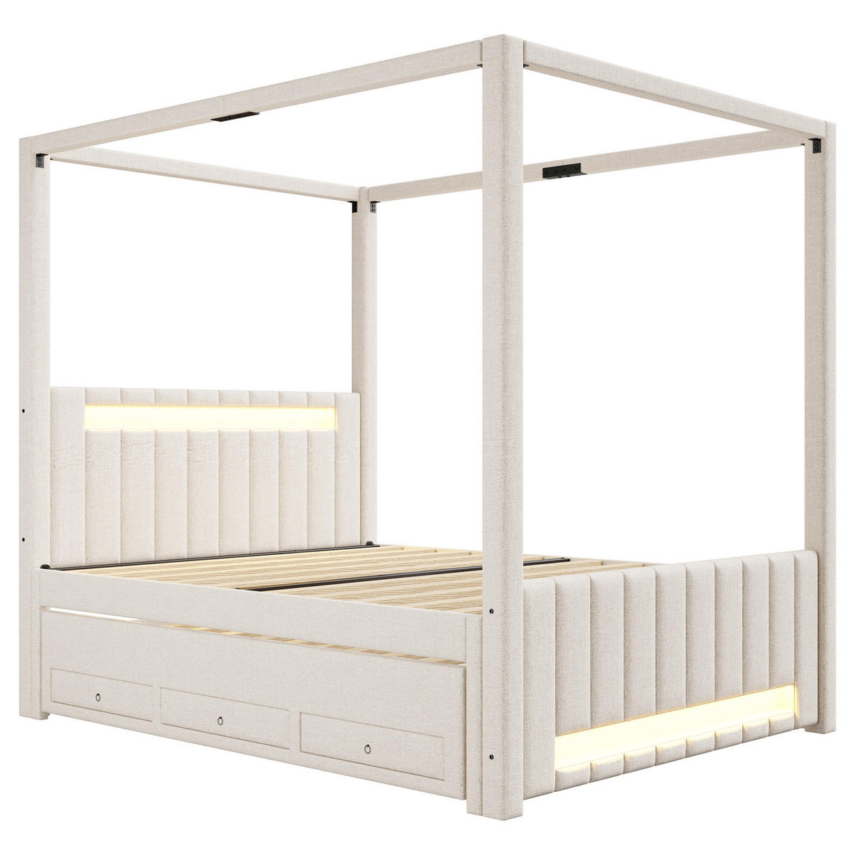 POLSTER-HIMMELBETT 140/200 cm mit Ausziehbett, 3 Schubladen und LED-Beleuchtung, Beige - Beige, Textil (140/200cm) - Redom