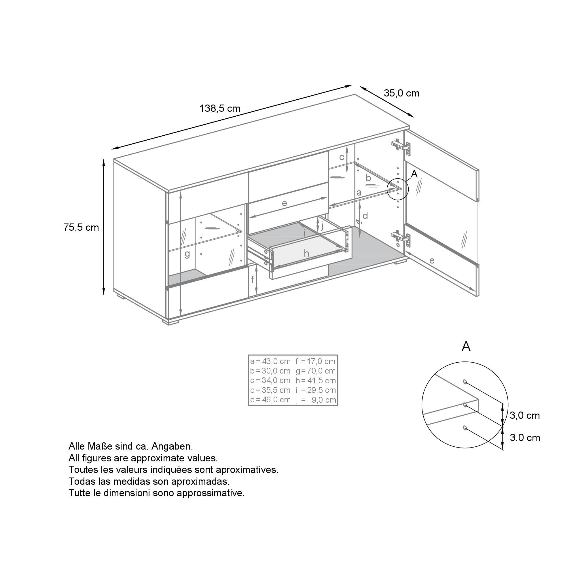 Thumbnail - Vladon Sideboard, Weiß Hochglanz, Holzwerkstoff, 138.5x75.5x35 cm, Wohnzimmer, Kommoden & Sideboards, Sideboards
