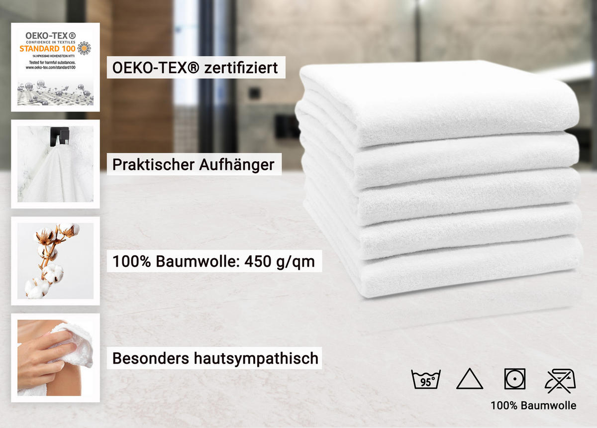 BADETUCH, 5er-Set, 100x150 cm, 100% Baumwolle, Weiß - Weiß, Textil (100/150cm) - Zollner