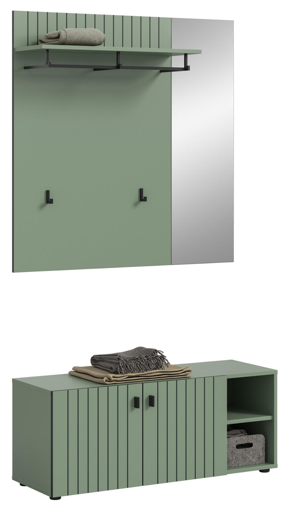 GARDEROBE-SET grün 2-teilig 106 cm, Garderobenkombination mit Rillen-Optik - Schwarz/Grün, Glas/Holzwerkstoff (106/192/37cm) - Inn.Furn