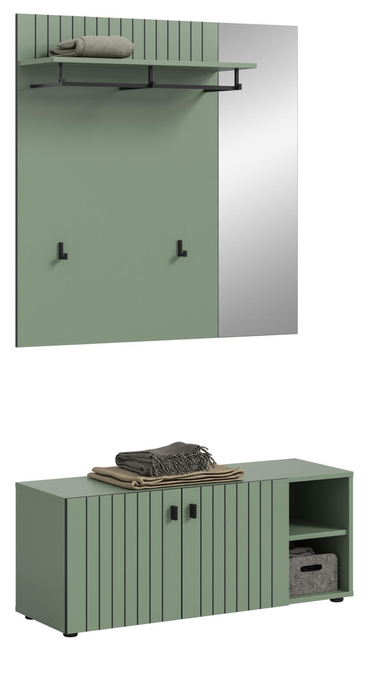 GARDEROBE-SET grün 2-teilig 106 cm, Garderobenkombination mit Rillen-Optik - Schwarz/Grün, Glas/Holzwerkstoff (106/192/37cm) - Inn.Furn