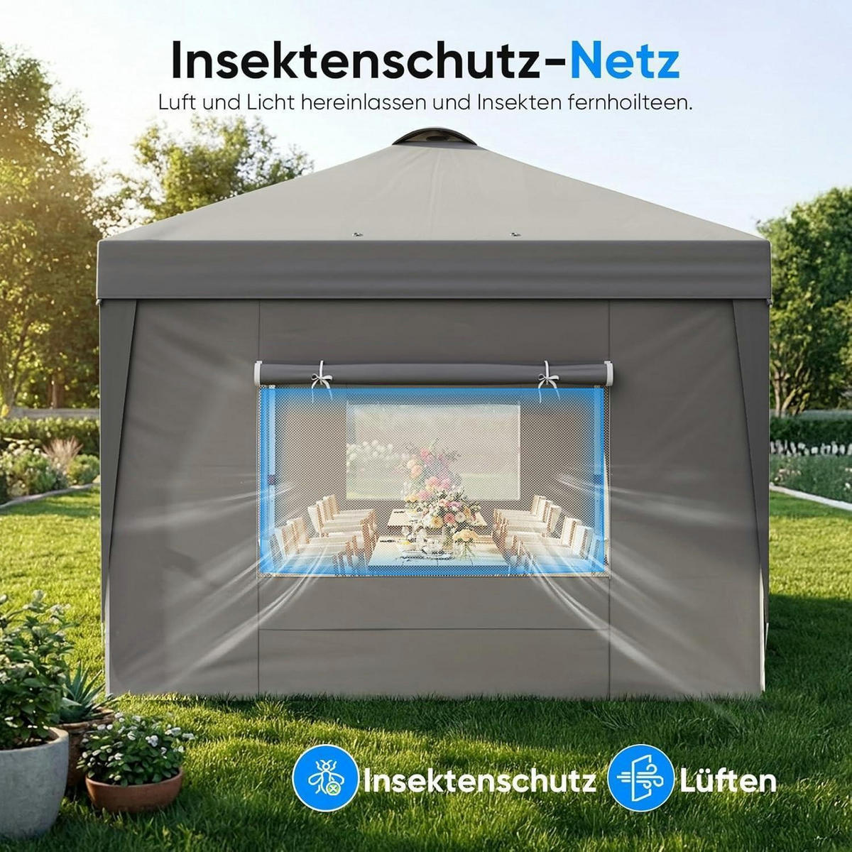 FALTPAVILLON 3x6m mit Seitenwänden und Insektenschutz Grau - Grau, Textil (585/285/293cm)
