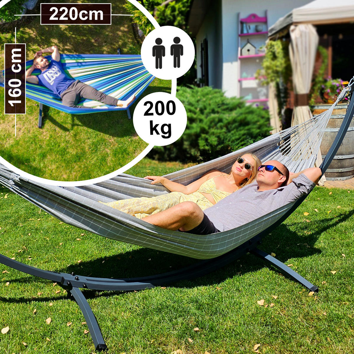 HÄNGEMATTE mit Gestell, 2 Personen, XXL, 200 kg, Metall, Catargo Grau, einfache Montage - Grau, Metall (370/130/120cm) - Potenza