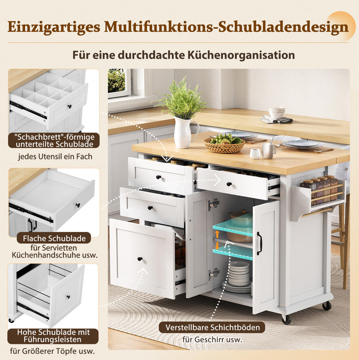 KÜCHENINSEL mit ausziehbarer Arbeitsplatte 107 x 45-70 x 90,5 cm Weiß - Weiß, Holz (45/90.5/107cm) - Beauniv