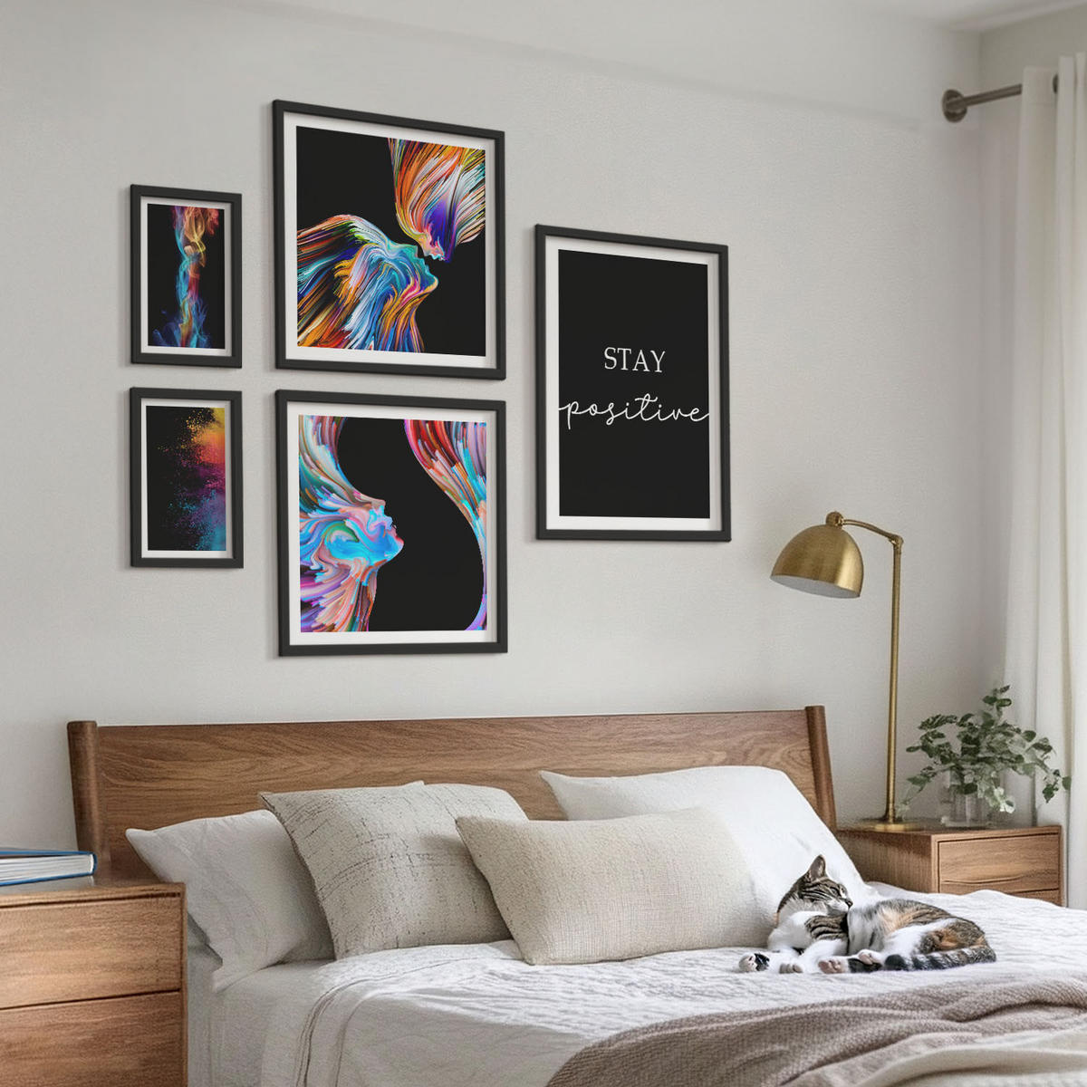 BILDER SET 5er Set - 50x50 cm & 20x30 cm & 40x60 cm Schwarzer Rahmen - Rosa geometrische Pfingstrosen - Schwarz, Kunststoff (40/60cm) - TULUP