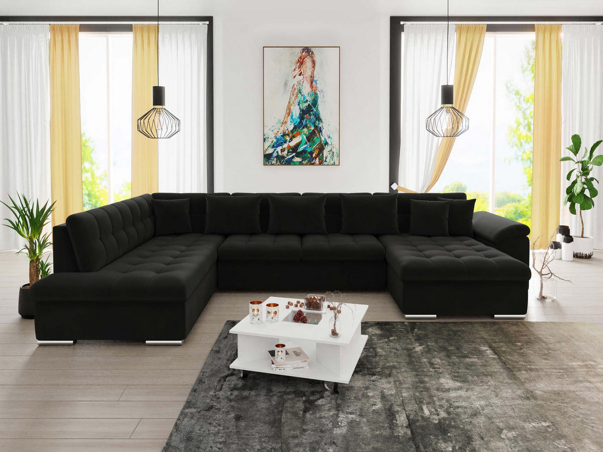 WOHNLANDSCHAFT Niko Bis, Seite: Rechts - Schwarz, Holz/Textil (348/76/205cm) - MIRJAN24