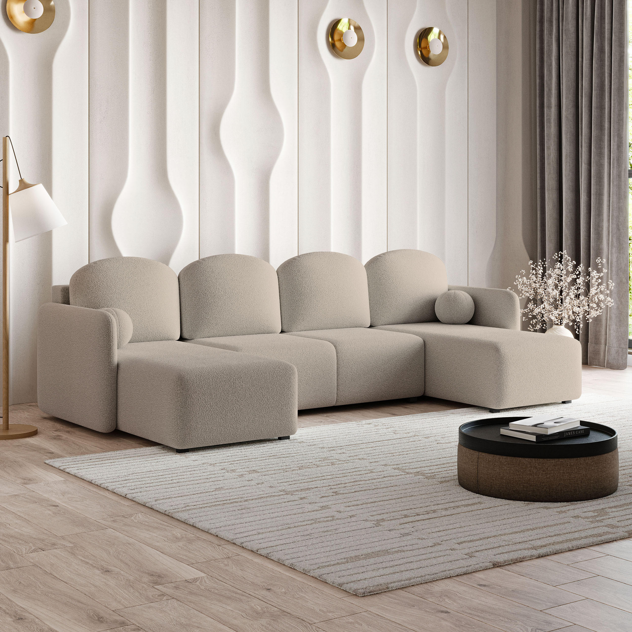 WOHNLANDSCHAFT NUBERO Beige Boucle-Stoff mit Schlaffunktion - Beige, Holz (285/85/143cm) - MASSENO