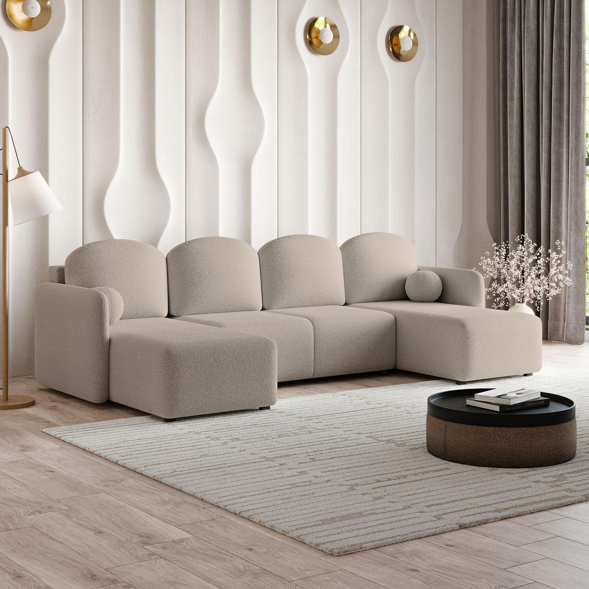WOHNLANDSCHAFT NUBERO Beige Boucle-Stoff mit Schlaffunktion - Beige, Holz (285/85/143cm) - MASSENO