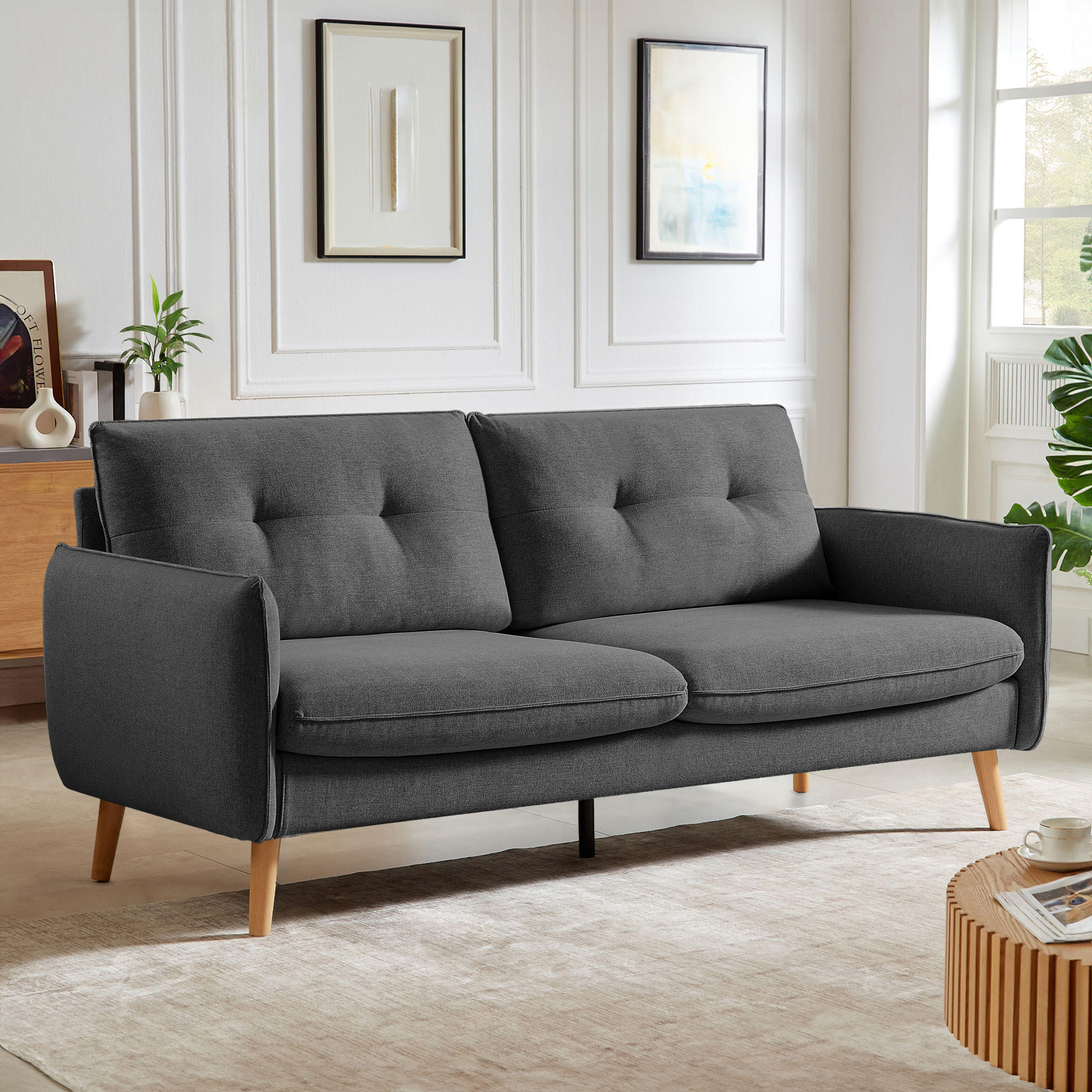 3-SITZER-SOFA Chloé Skandinavisches aus dunkelgrauem Stoff - Dunkelgrau/Akaziefarben, Holz/Holzwerkstoff (210/92/82cm) - Sicaan