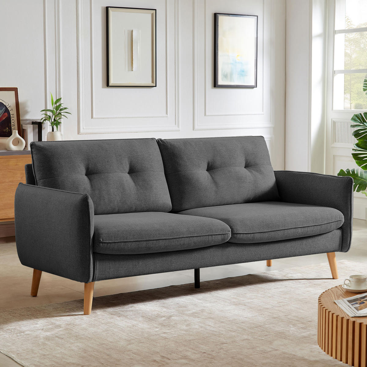3-SITZER-SOFA Chloé Skandinavisches aus dunkelgrauem Stoff - Dunkelgrau/Akaziefarben, Holz/Holzwerkstoff (210/92/82cm) - Sicaan