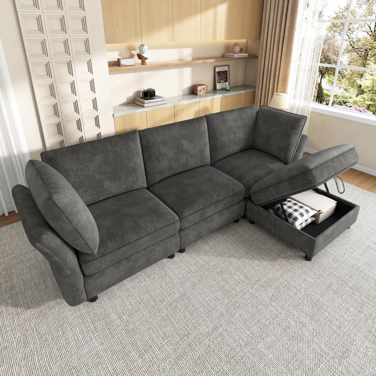 KUTNA SOFA s 4 sjedala u sivoj boji s tabureom sa spremnikom, od šenila - siva/crna, drvni materijal/tekstil (225/137cm) - CHICFURN