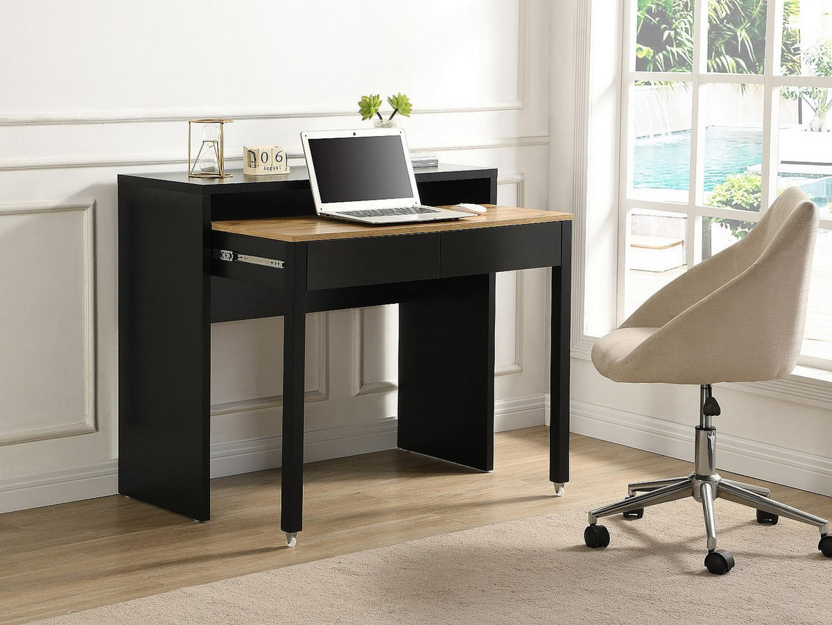 KONSOLENSCHREIBTISCH ausziehbar mit 2 Schubladen - Schwarz & Holzfarben - LOAVIA - Schwarz, Holz (100/40/87cm) - Vente-Unique