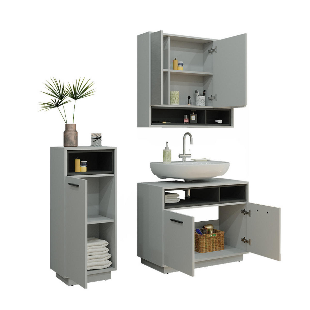 BADMÖBEL-SET Beatrice Grau 3 Teile - Anthrazit/Grau, Holzwerkstoff (80/64/40cm) - Vicco