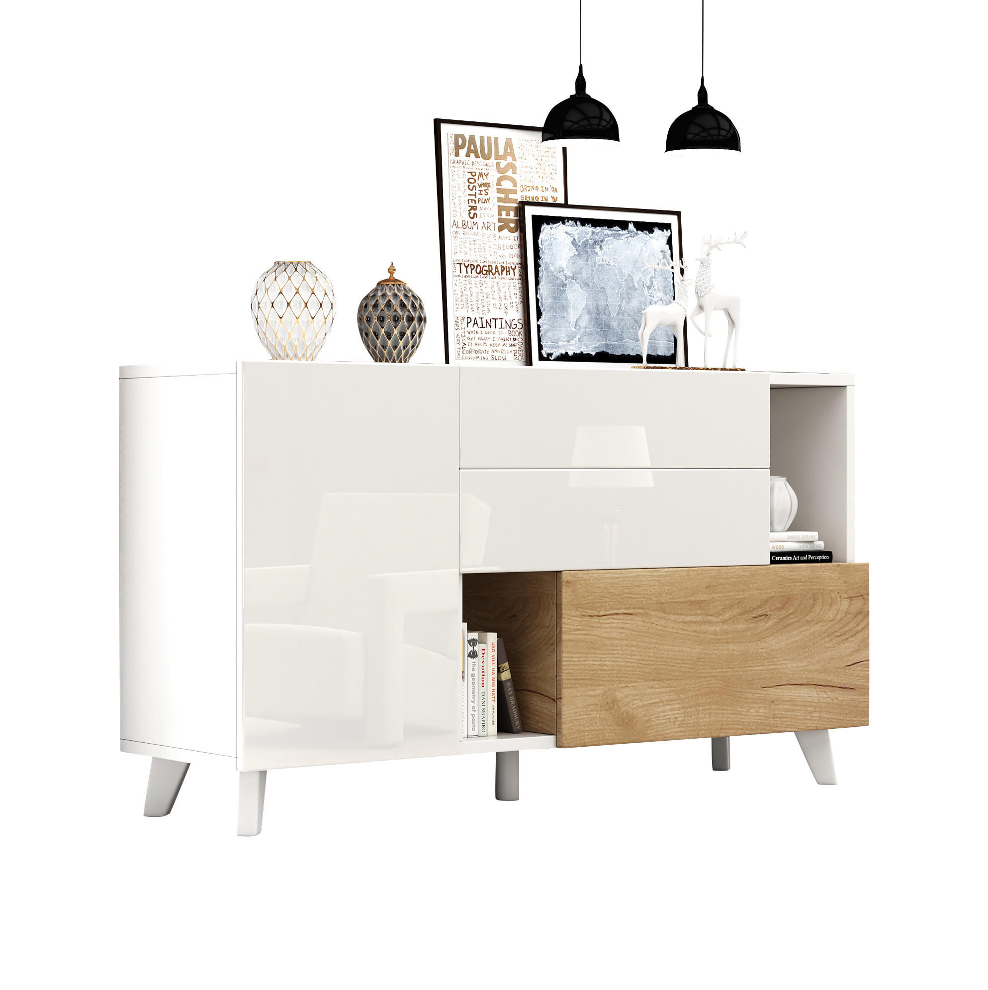 SIDEBOARD 130/40/70 cm mit 2 Türen, 2 Schubladen & offenem Fach in Weiß/Eiche - Weiß, Holzwerkstoff (130/70/40cm) - BEAOK