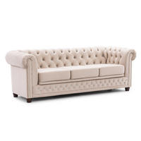 CHESTERFIELD-SOFA 3-Sitzer mit Schlaffunktion Cleo Blink Beige Samt mit Kristallsteppung und braunen Massivholzfüßen - Beige/Braun, Holz/Textil (203/72/86cm) - S-Style Möbel