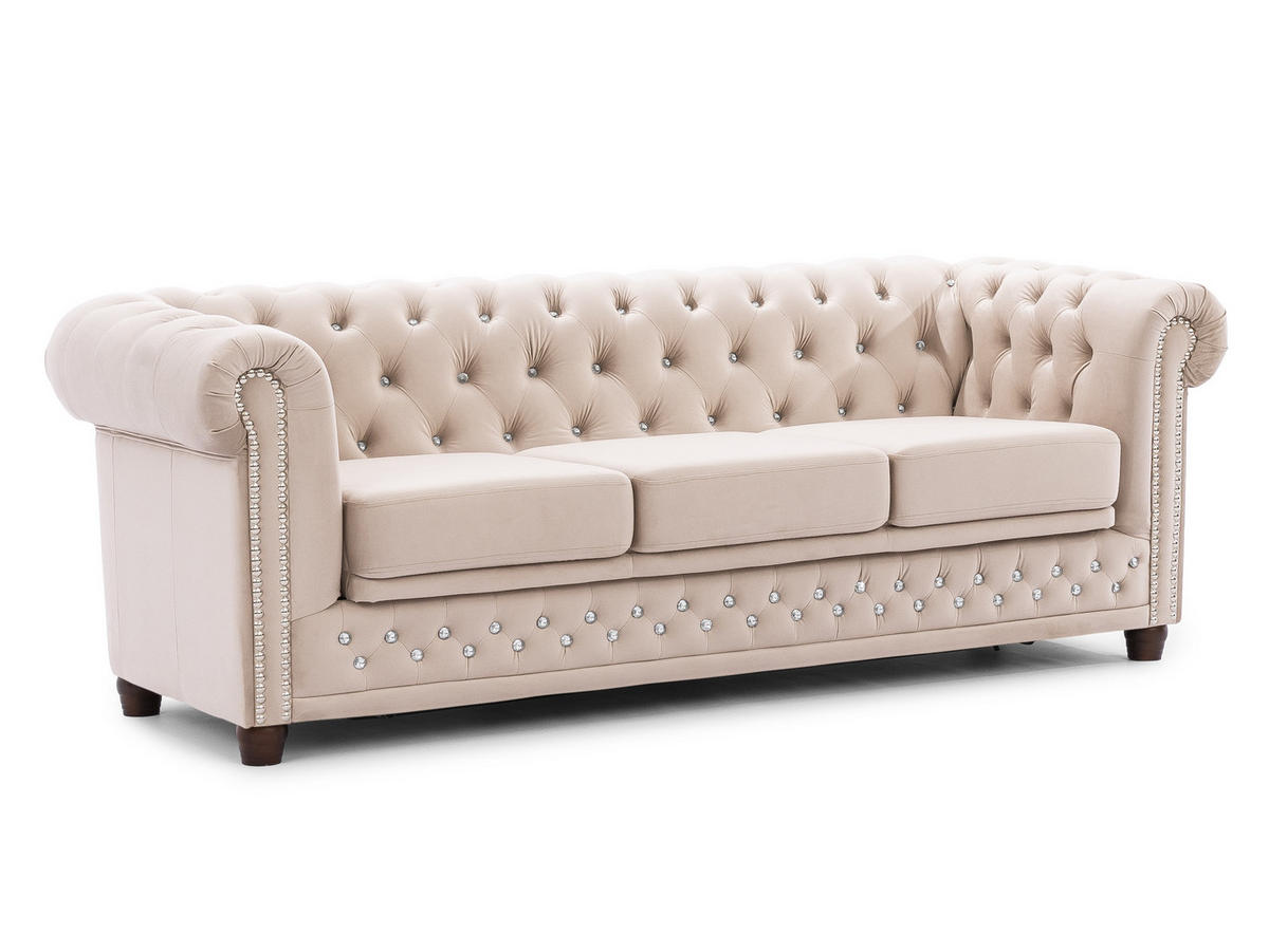 CHESTERFIELD-SOFA 3-Sitzer mit Schlaffunktion Cleo Blink Beige Samt mit Kristallsteppung und braunen Massivholzfüßen - Beige/Braun, Holz/Textil (203/72/86cm) - S-Style Möbel