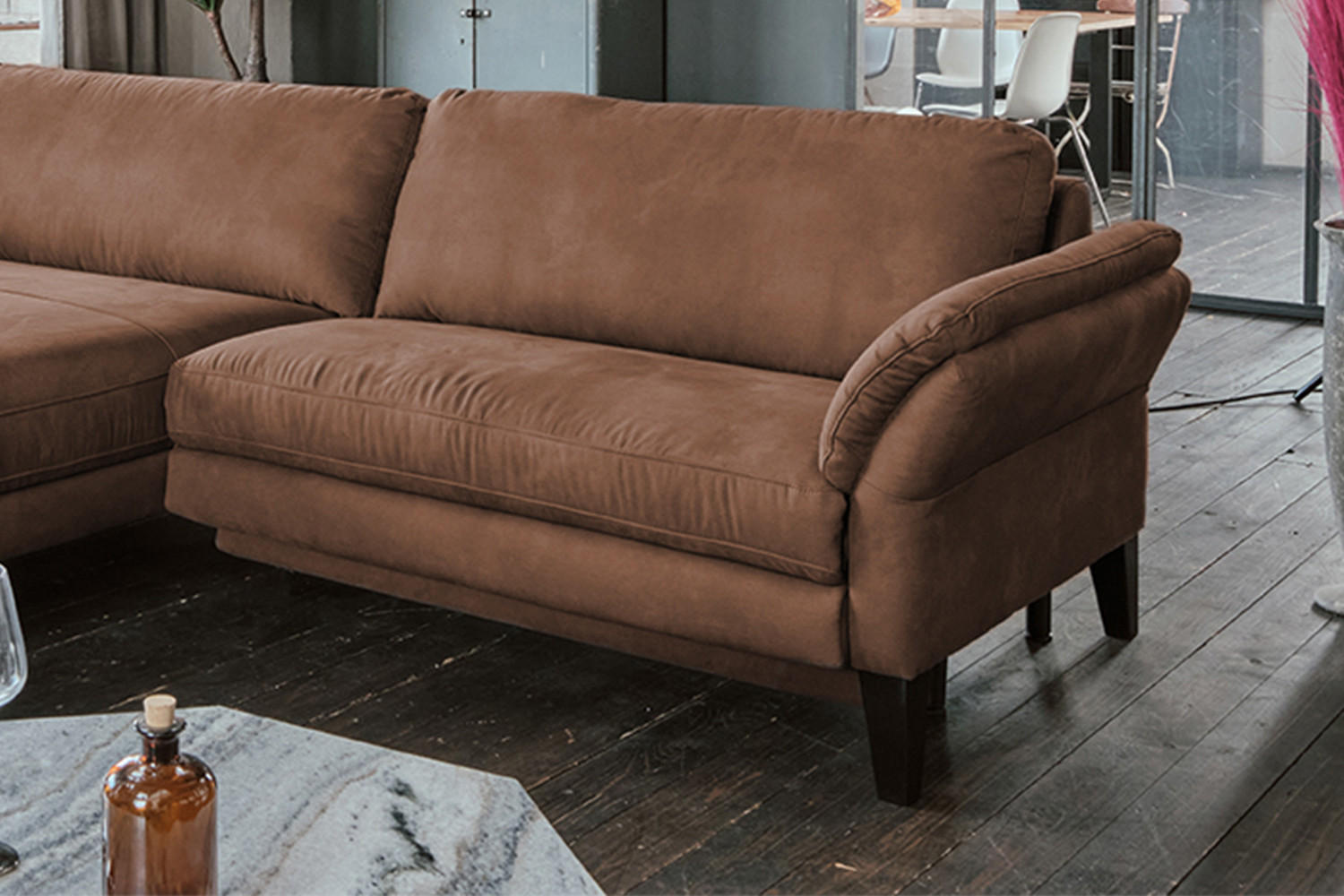 Thumbnail - Kawola Ecksofa, Braun, Schwarz, Textil, Echtholz,Buche, 3-Sitzer, Füllung: Kaltschaum, Ottomane links, L-Form, eckig, 30...