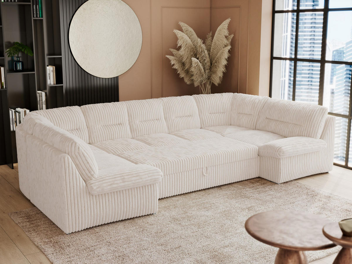 WOHNLANDSCHAFT COMODO U Beige Cord - Beige/Silberfarben, Textil/Metall (340/93/206cm) - MKS