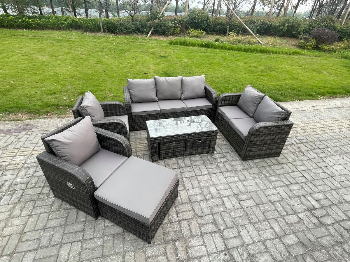 GARTENSOFA SET mit rechteckigem COUCHTISCH Polyrattan 10-Sitzer Dunkelgrau - Dunkelgrau/Grau, Glas/Kunststoff - Fimous