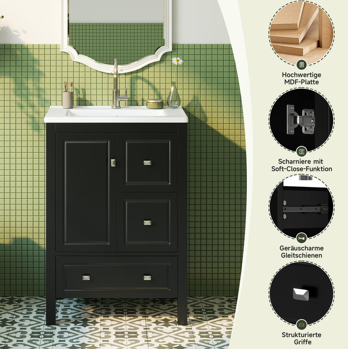 WASCHTISCH aus MDF und Keramik 62x47x90 cm Schwarz mit Stauraum und Soft-Close - Schwarz, Keramik (62/90/47cm) - Modfu