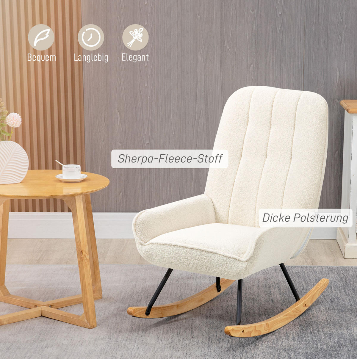 SCHAUKELSTUHL Sherpa-Vlies Schwingsessel 63/95/97 cm Cremeweiß - Creme, Holz (95/97/63cm) - Redom