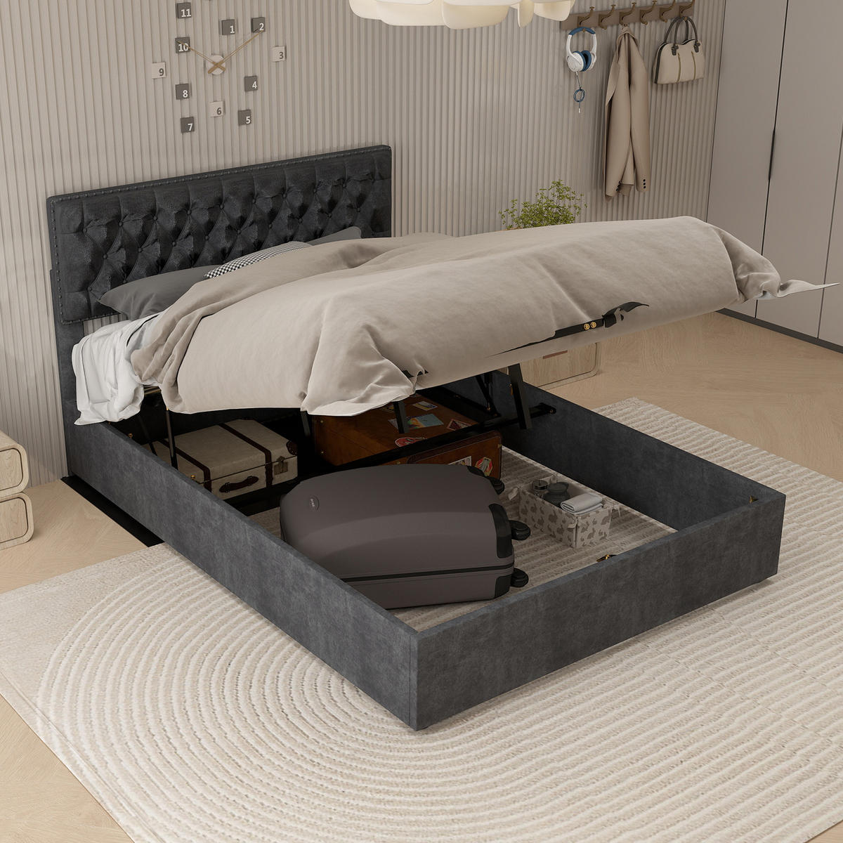 POLSTERBETT 160x200 cm Samt Stauraum hydraulisch grau - Grau, Textil (160/200cm) - LEBENLANG