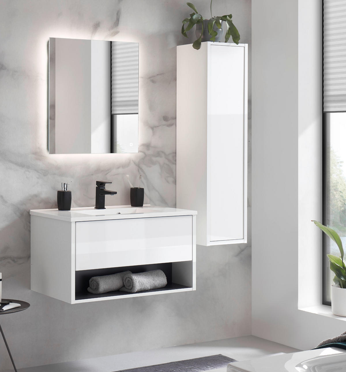 BADMÖBEL-SET weiß Hochglanz, grau, Badezimmer Schränke mit Waschbecken, LED Beleuchtung 120 cm - Weiß Hochglanz/Grau, Glas/Holzwerkstoff (120/190/47cm) - Furn.Design