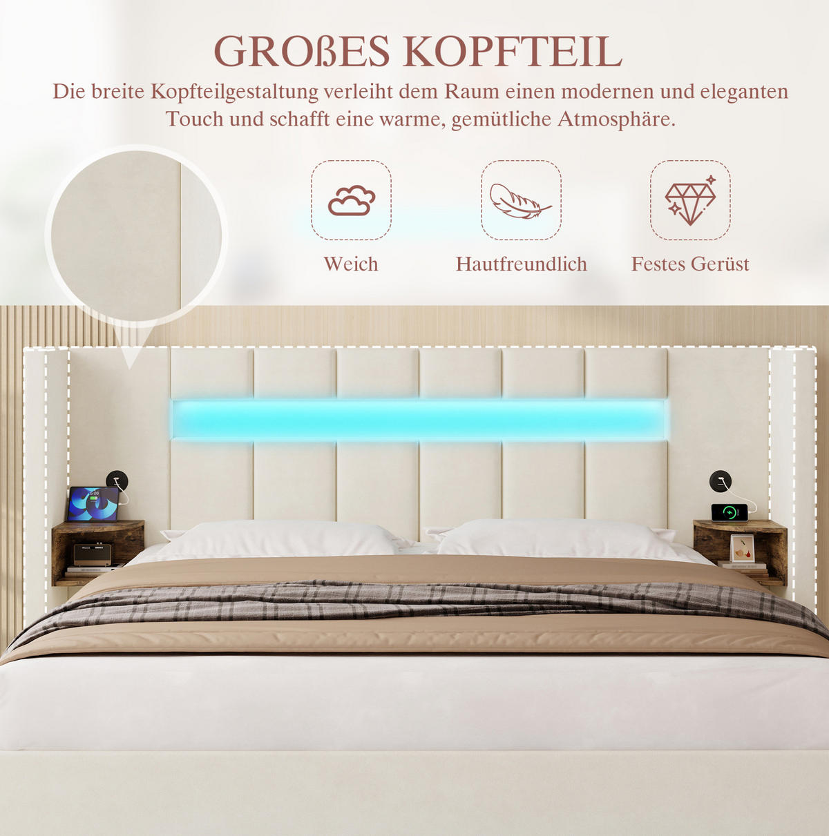POLSTERBETT 180/200 cm mit USB-Anschlüssen, LED-Beleuchtung, Hydraulik-Stauraum und Retro-Schränken, Beige - Beige, Textil (180/200cm) - Redom