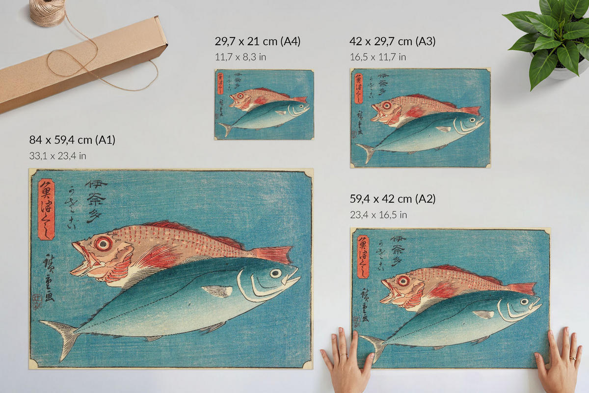 POSTER - 59x42 cm (A2) - Utagawa Hiroshige - Gelbschwanzmakrele und Barsch - Blau, Textil (59.4/42/0.1cm) - TULUP