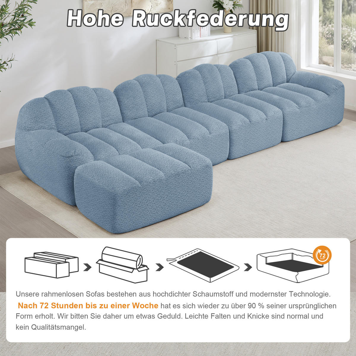 ECKSOFA 366/165/79 cm Blau Granulatvlies mit 1 Fußhocker - Blau, Textil (366/165cm) - Oxeza