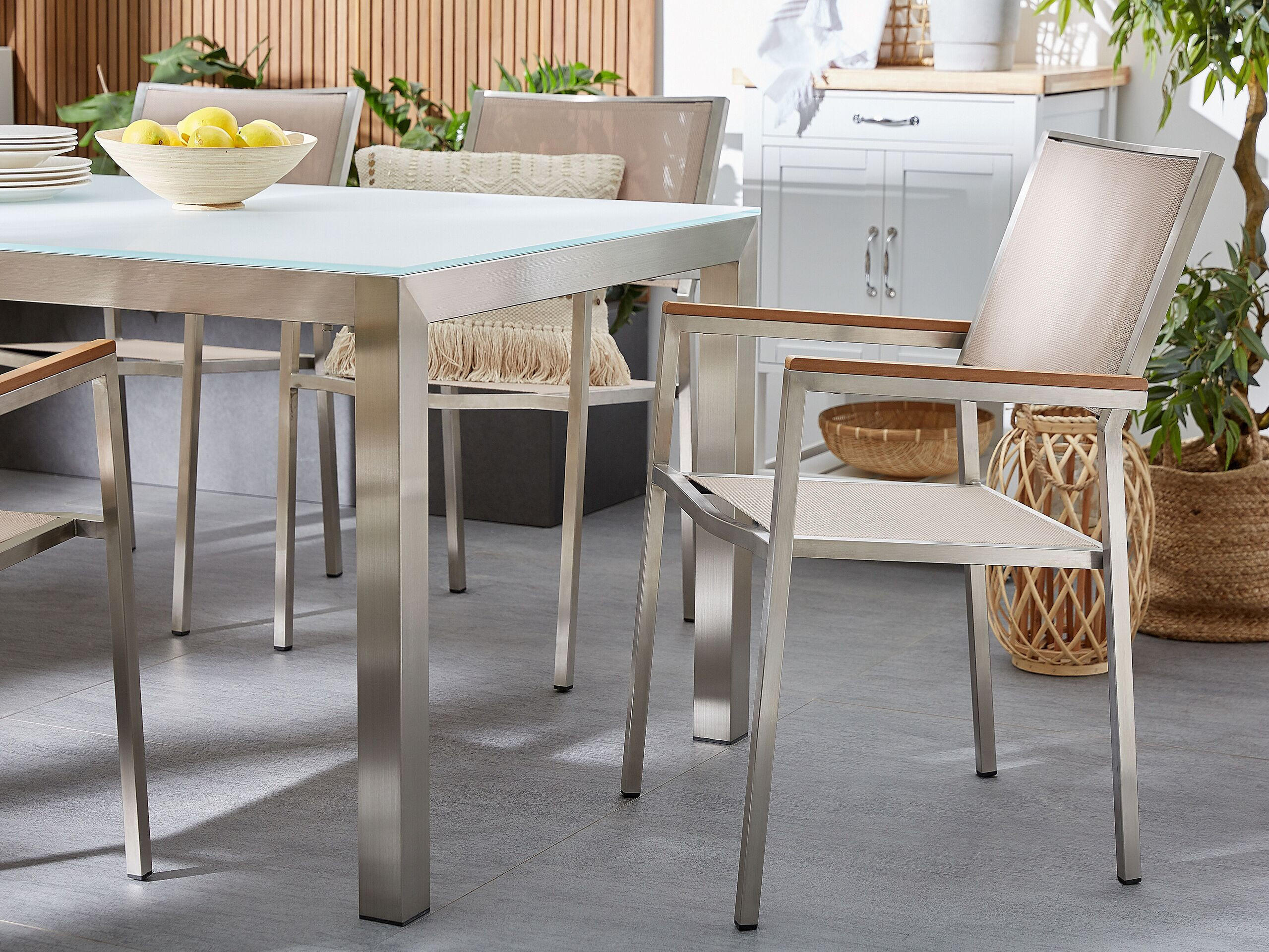 GARTENSTUHL 6er-Set beige Edelstahl Grosseto - Hellbraun/Beige, Metall (55/87/58cm) - Beliani