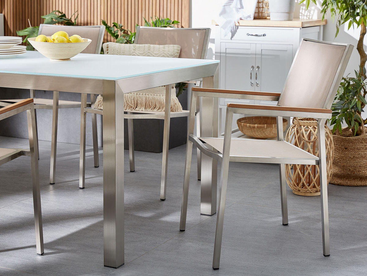GARTENSTUHL 6er-Set beige Edelstahl Grosseto - Hellbraun/Beige, Metall (55/87/58cm) - Beliani