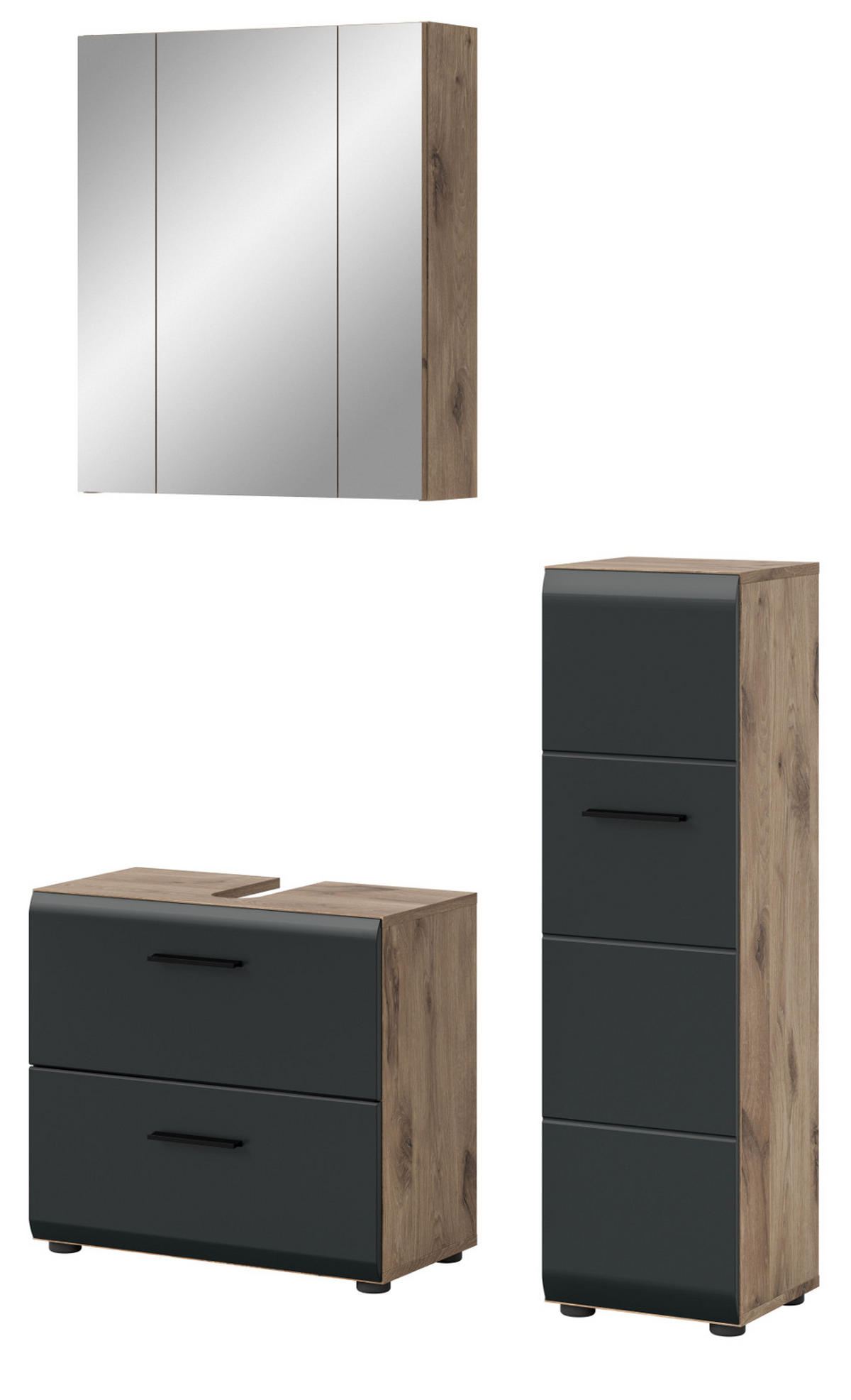 BADMÖBEL-SET 3-teilig Schwarz matt, Eiche Nox, Badezimmer mit viel Stauraum und Vollauszug Schubkästen 105 x 185 cm - Eichefarben/Schwarz, Glas/Holzwerkstoff (105/185/30cm) - Inn.Furn