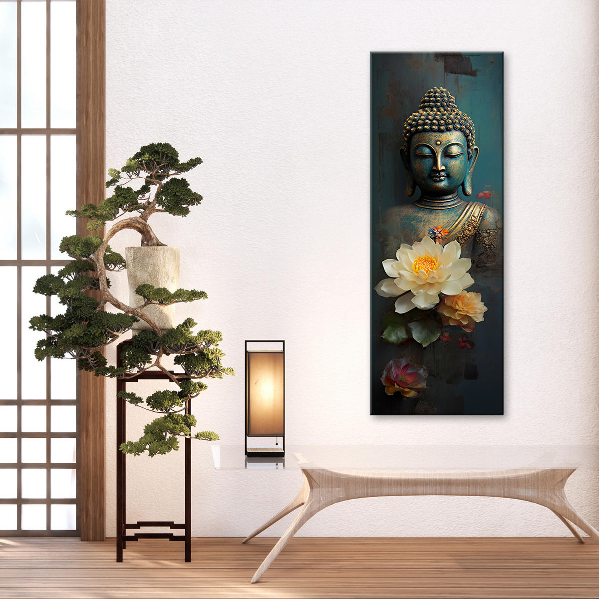 WANDBILD buddha und zen blumen - Blau, Textil (30/90cm) - Feeby