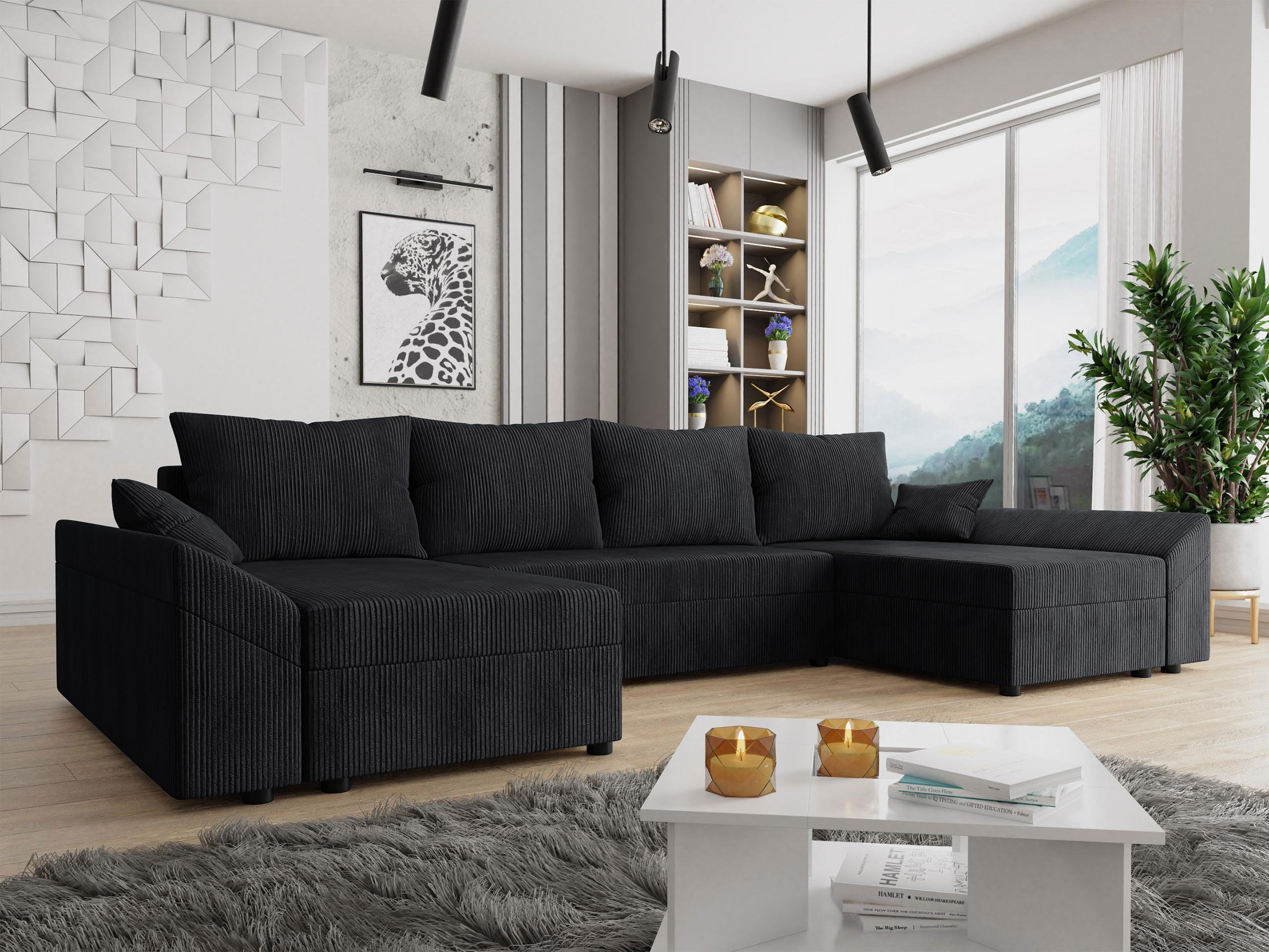 WOHNLANDSCHAFT Dante U Cord - Schwarz, Holz/Kunststoff (310/82/140cm) - MIRJAN24