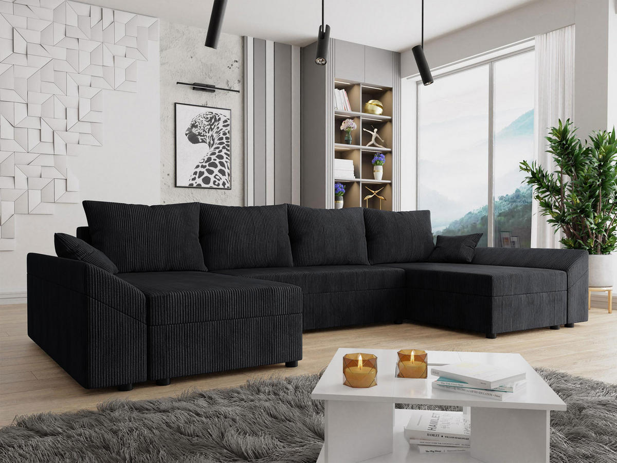 WOHNLANDSCHAFT Dante U Cord - Schwarz, Holz/Kunststoff (310/82/140cm) - MIRJAN24