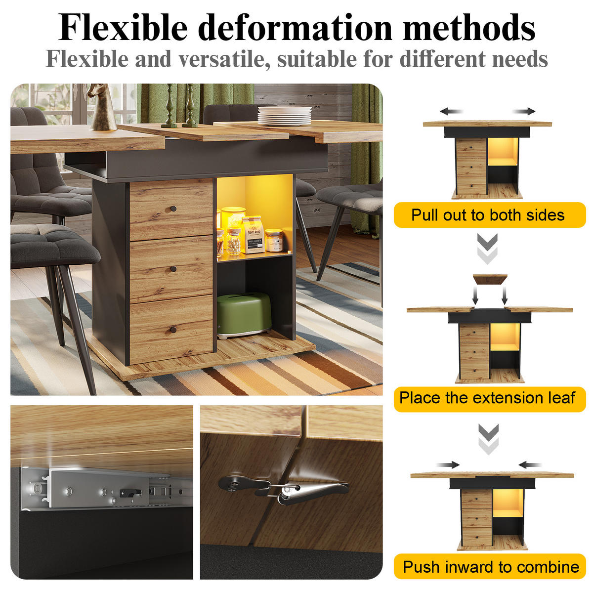 ESSTISCH 110-140/80/75 cm Schwarz/Natur aus MDF mit LED-Beleuchtung - Schwarz, Holzwerkstoff (110/80/75cm) - OKMYHOME