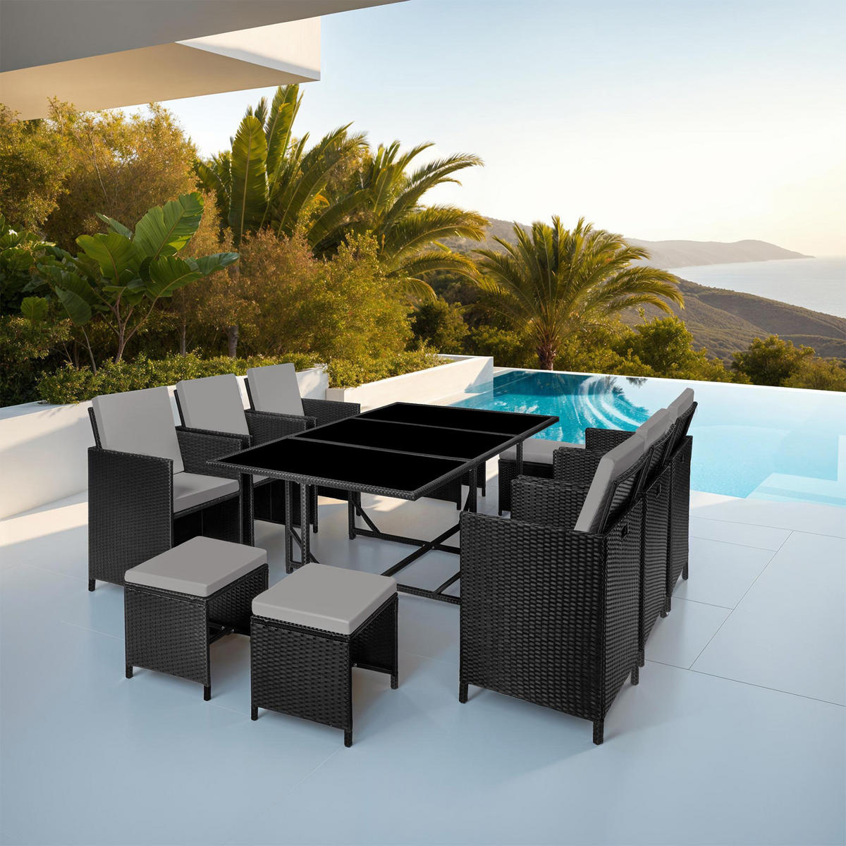RATTAN SITZGRUPPE Malaga,zusammenschiebbar, inklusive Schutzhülle,schwarz/grau - Schwarz/Grau, Kunststoff - tectake