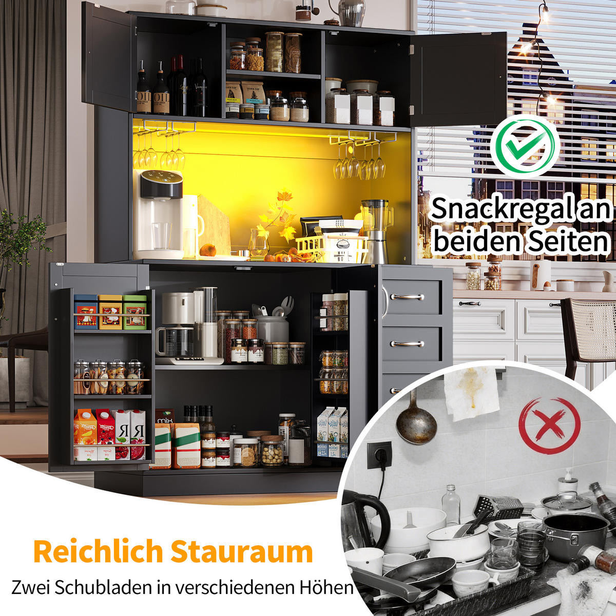 BUFFETSCHRANK 120/40/188 cm schwarz aus MDF mit LED-Beleuchtung - Schwarz, Holzwerkstoff (120/188/40cm) - OKWISH