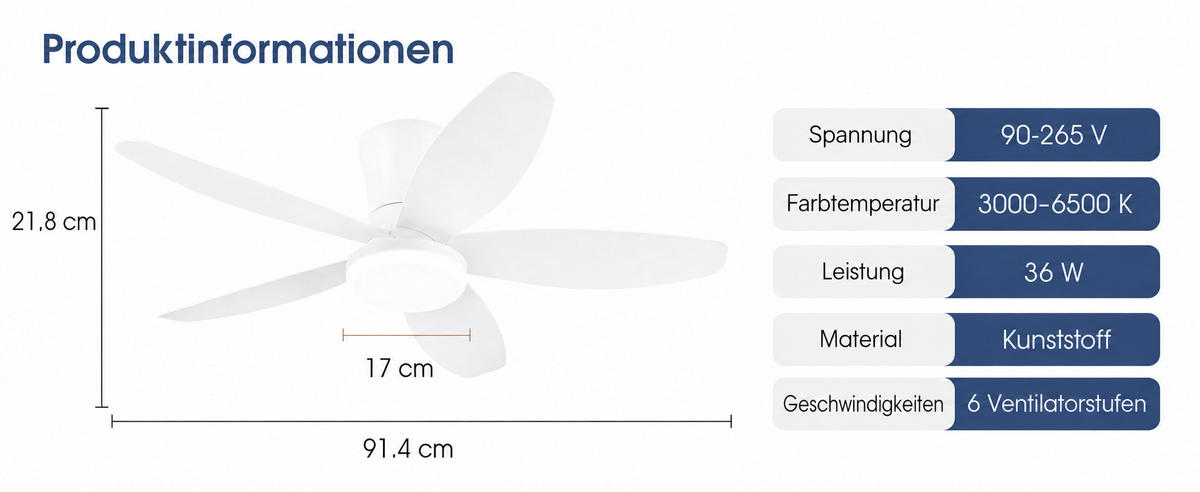 DECKENVENTILATOR Weiß 91,4 cm mit LED und leisem DC-Motor - Weiß, Kunststoff (91.4/91.4/21.8cm) - Surtime