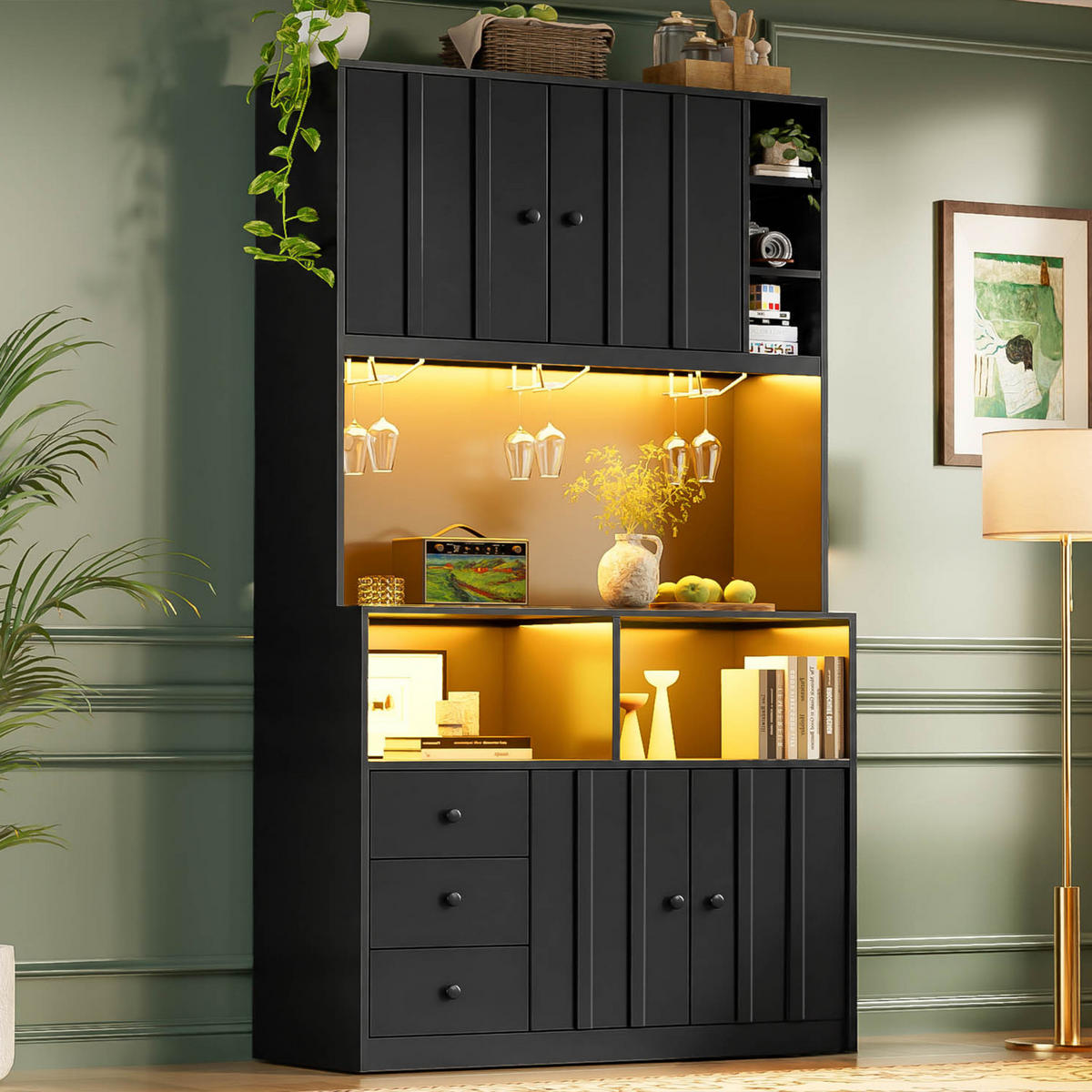 BUFFET 180 cm MDF Schwarz mit RGB-LED, Weinglashalter und Vitrine - Schwarz, Holzwerkstoff (40/180/100cm) - Korfee