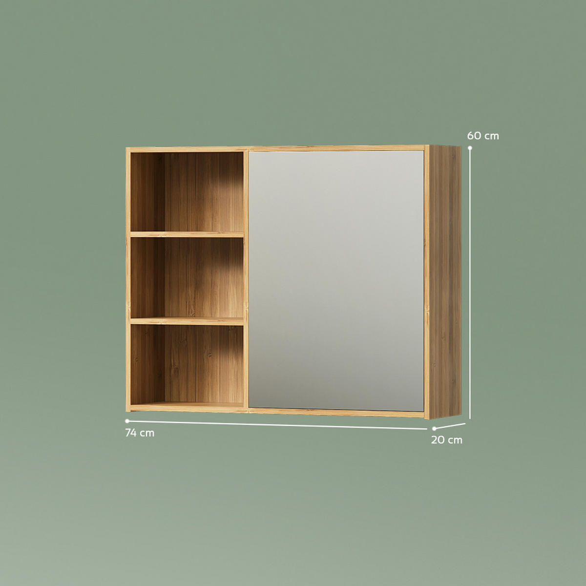 KOPALNIŠKA OMARICA Z OGLEDALOM Olona, Bambus, 74 x 60 cm s 3 odprtimi predali - naravne barve, leseni material (74/60/20cm) - Livinity®