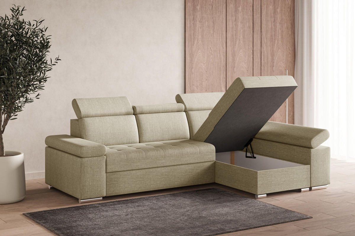 ECKSOFA mit Schlaffunktion Luka L Twist 01 - Beige - Links - Beige/Silberfarben, Holzwerkstoff (260/168cm) - Möblo