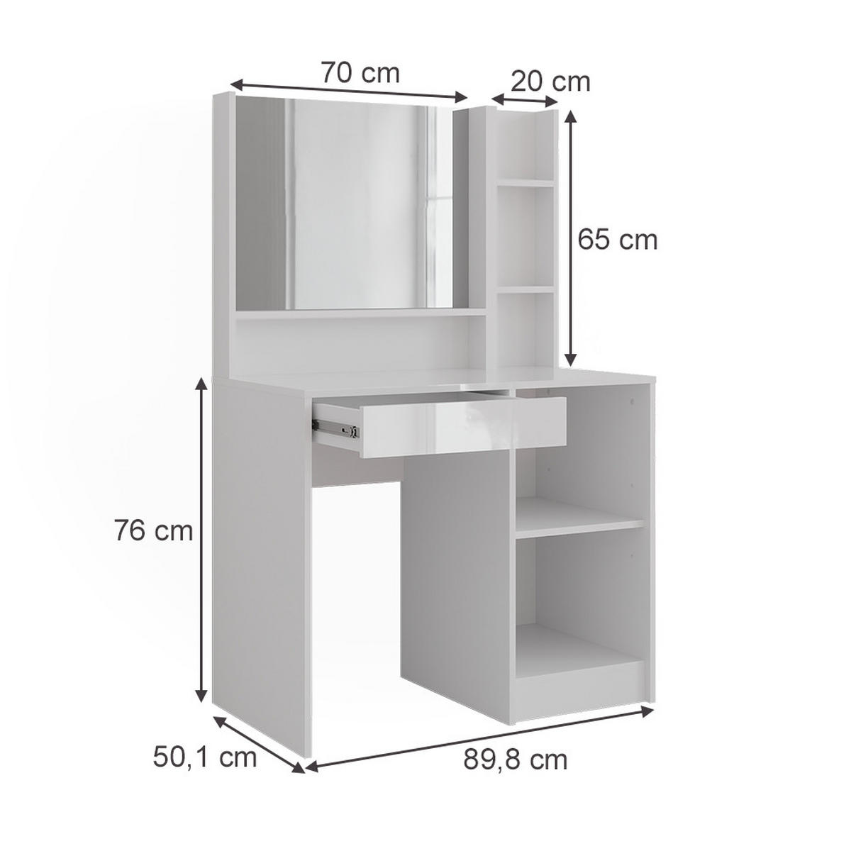 SCHMINKTISCH Sherry Weiß/Weiß Hochglanz 89.8 cm 3 Teile - Weiß Hochglanz, Holzwerkstoff (89.8/76/50.1cm) - Vicco